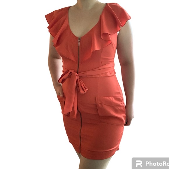 Vintage Y2K 2000s Bebe Coral Orange Ruffle Sleeve Zip-Up Mini Dress Tie Belt S/M - Picture 3 of 15